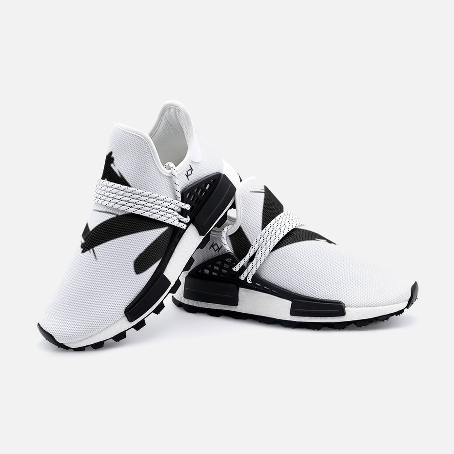 A pair of white sneakers with black accents, featuring a lace-up closure and a high quality EVA sole.