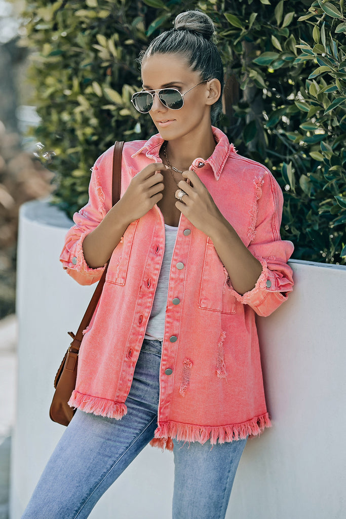 Double Take Distressed Fringe Trim Button Up Jacket