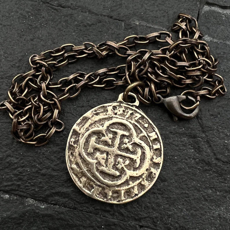 Bronze Old Spanish Coin Doubloon Necklace by Vintage Gentlemen