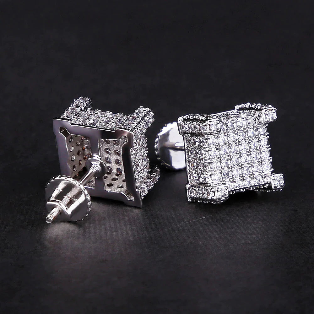 The Courage® - 925 Sterling Silver Iced Square Diamond Stud Earrings for Men by Bling Proud | Urban Jewelry Online Store