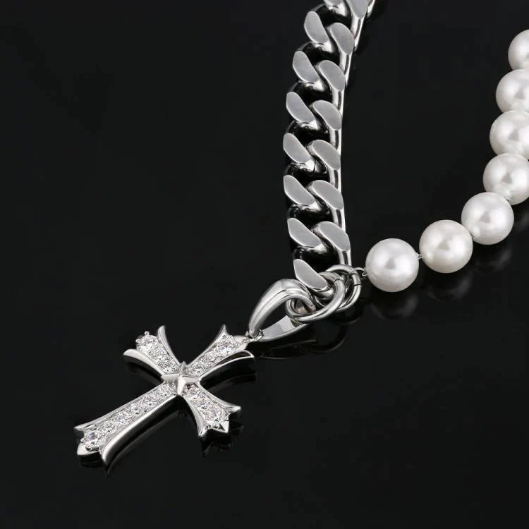 The Faith® - Cuban Link Pearl Necklace in White Gold with Diamond Cross Pendant by Bling Proud | Urban Jewelry Online Store