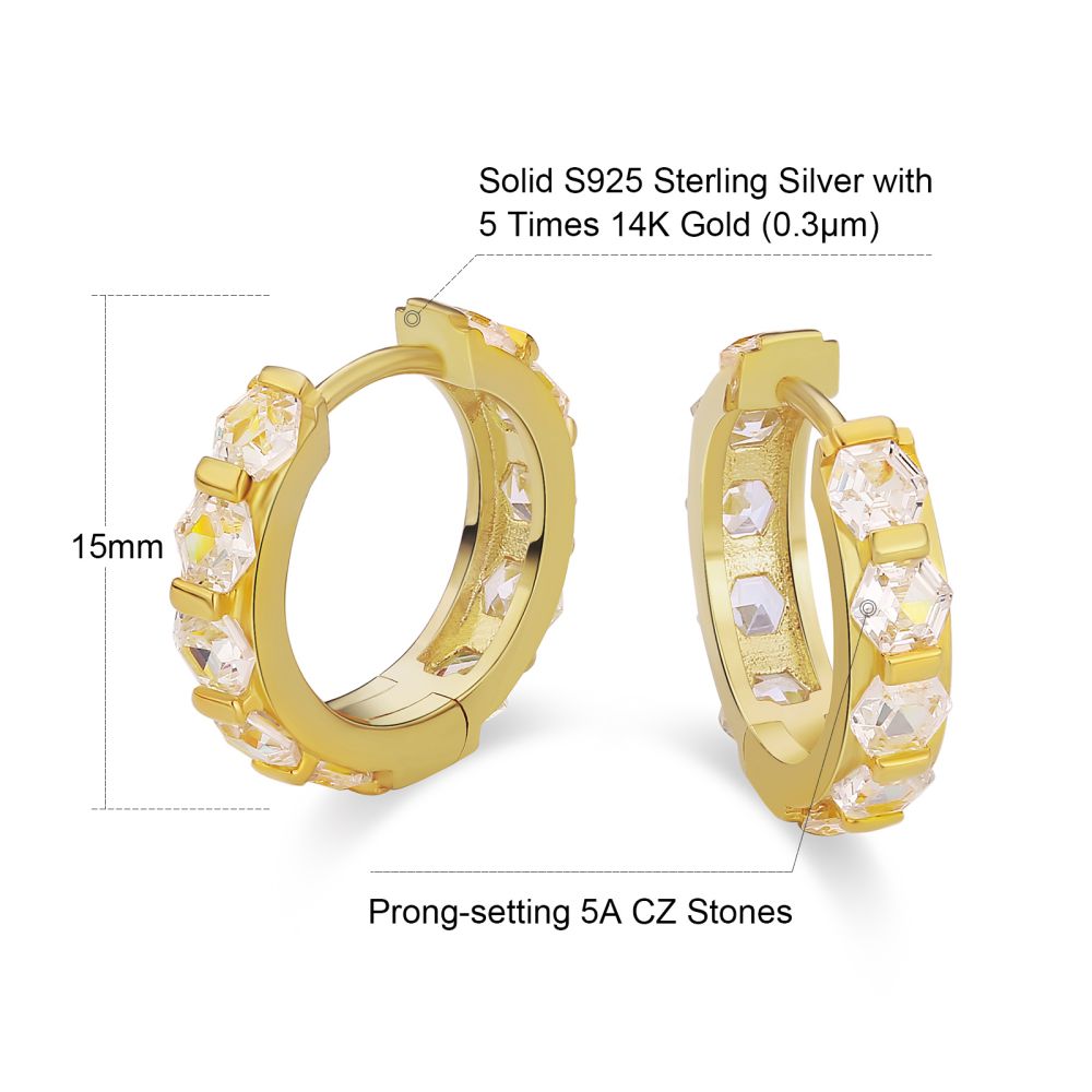 The Sparkling Circle® - 925 Sterling Silver Hexagon Diamond Hoop Earrings in 14K Gold by Bling Proud | Urban Jewelry Online Store