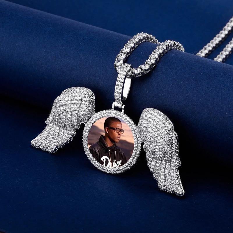 THE WINGS® - Custom Round Photo Pendant With Big Angel Wings by Bling Proud | Urban Jewelry Online Store